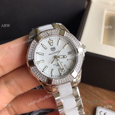 Swiss Tag Heuer Aquaracer Quartz Ladies 35mm Watch Diamond Bezel Steel and White Ceramic